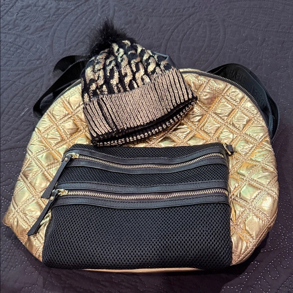 Steve Madden Quilted Metallic Gold and Black Backpack Set. - Picture 14 of 14